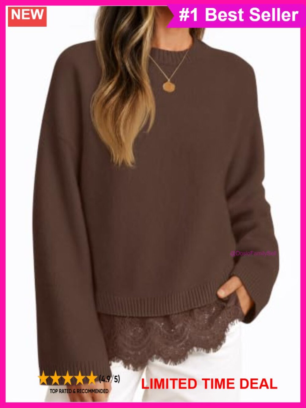 Lace Trim Pullover Sweater Crew Neck Drop Shoulder Long Sleeve Knit